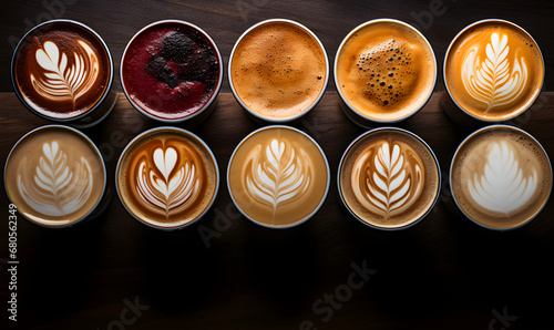 Caffeine Symphony: An Array of Coffee Cups with a Variety of Coffee Drinks