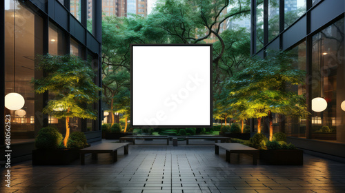 Urban oasis with a blank advertising billboard, lush trees, and ambient lighting at dusk. Outdoor marketing concept. Generative AI