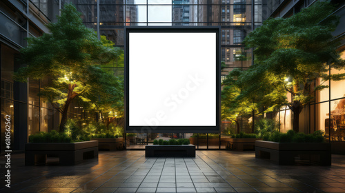 Evening view of a blank billboard in a plaza with vibrant trees and architectural lighting. Urban advertising concept. Generative AI