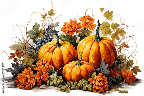 Autumn watercolor illustration with pumpkins and flowers leaves isolated on PNG Background. Generative Ai.