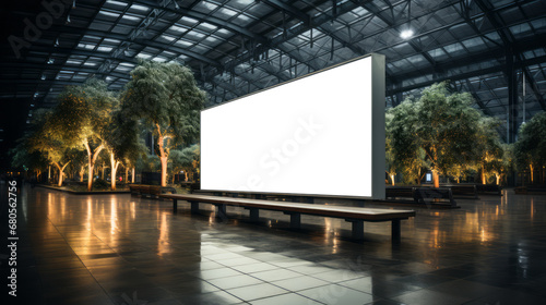 Tranquil airport atrium with large blank mockup billboard surrounded by trees. Peaceful design. Generative AI