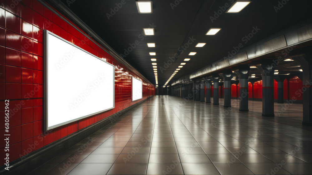 Modern subway platform with glossy red tiles and advertisement spaces. Clean design and commuter experience concept Generative AI