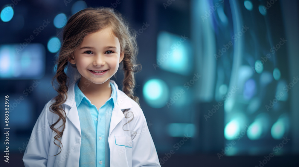 A portrait of smiling Girl child in doctor coat on blurred background. Copy Space for text. Ai generative A portrait of smiling Girl child in doctor coat on blurred background. Copy Space for text. Ai generative