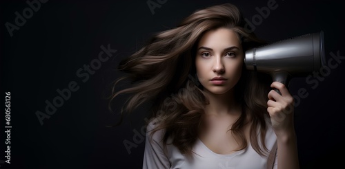 A beautiful girl dries her hair with a hair dryer, on a dark background. photo