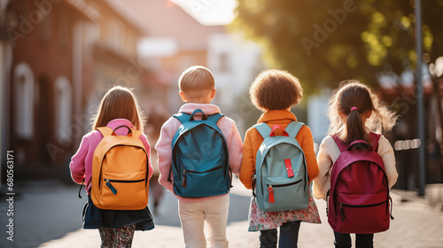 Back view of children with backpacks walking to school. Back to school concept