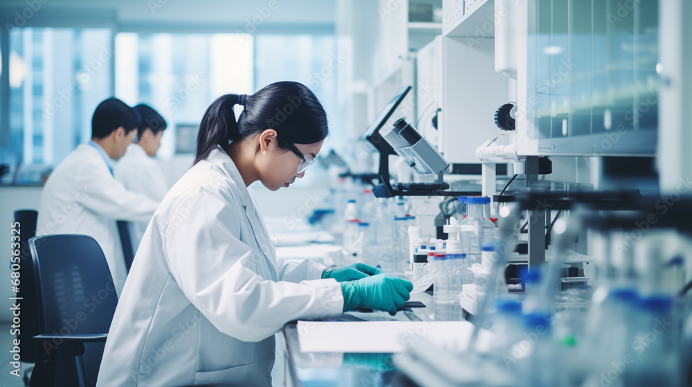 Dedicated Researcher in Modern Laboratory The cool blue tones and crisp lighting highlight the cutting edge nature Dedicated Researcher in Modern Laboratory The cool blue tones and crisp lighting highlight the cutting edge nature