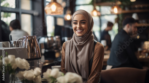 Young Muslim barista dressed in her hijab. Her warm smile behind the café counter reflect a welcoming atmosphere