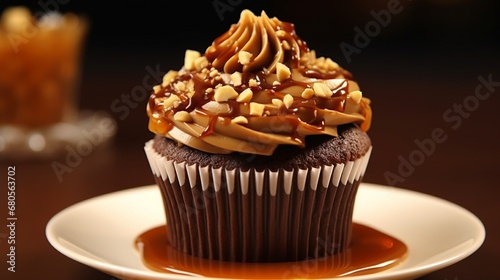 Chocolate caramel cupcake with nuts and butterscotch syrup
