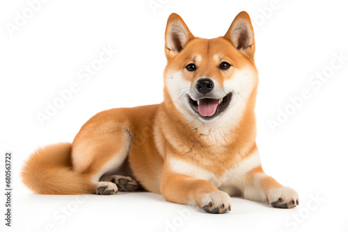 Shiba Inu dog lounging against a stark white background. The dog’s fur displays a vibrant mix of honey and white