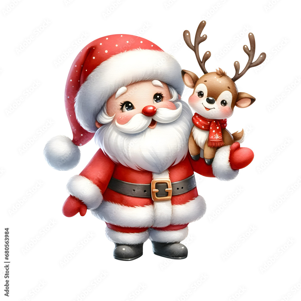 Cute Santa Claus and Reindeer in watercolor style Cute Santa Claus and Reindeer in watercolor style