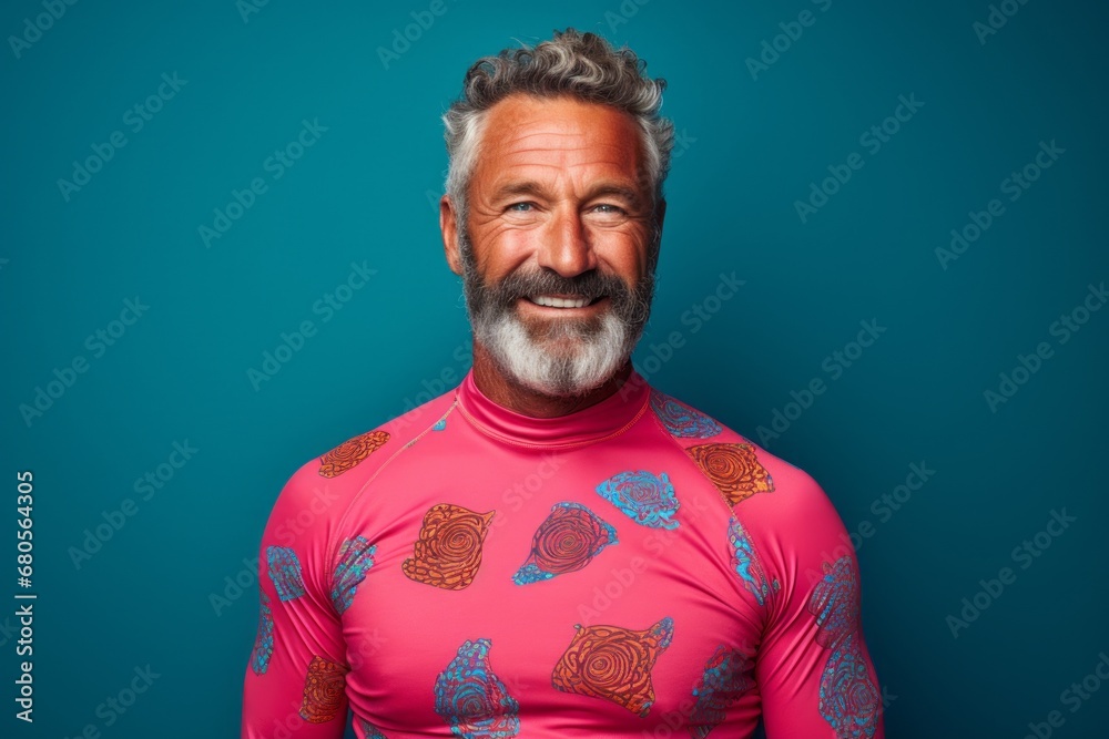 Portrait of a merry man in his 50s showing off a vibrant rash guard against a solid color backdrop. AI Generation Portrait of a merry man in his 50s showing off a vibrant rash guard against a solid color backdrop. AI Generation