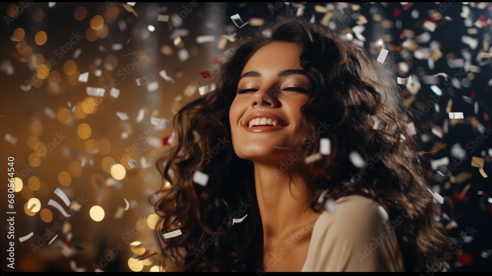 Beautiful young adult woman celebrating New Year on the party with confetti