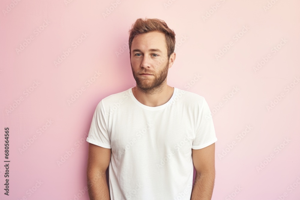 Portrait of a glad man in his 30s donning a trendy cropped top against a solid pastel color wall. AI Generation Portrait of a glad man in his 30s donning a trendy cropped top against a solid pastel color wall. AI Generation