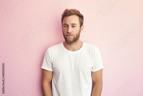 Portrait of a glad man in his 30s donning a trendy cropped top against a solid pastel color wall. AI Generation