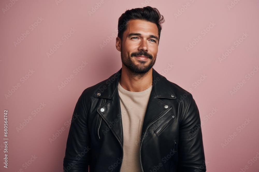 Fototapeta premium Portrait of a content man in his 30s sporting a classic leather jacket against a solid pastel color wall. AI Generation