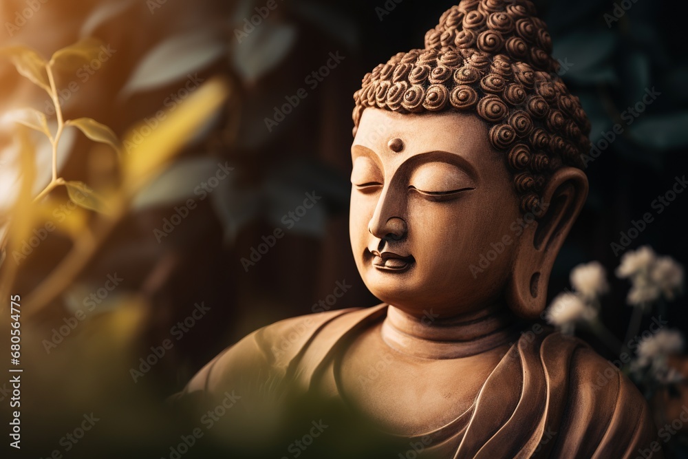 closeup of Buddha statue in buddhist temple - obrazy, fototapety, plakaty 