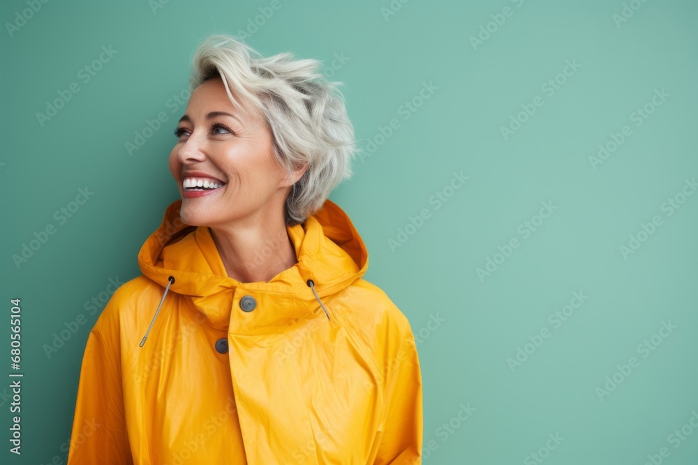 Fototapeta premium Portrait of a cheerful woman in her 50s wearing a vibrant raincoat against a solid pastel color wall. AI Generation