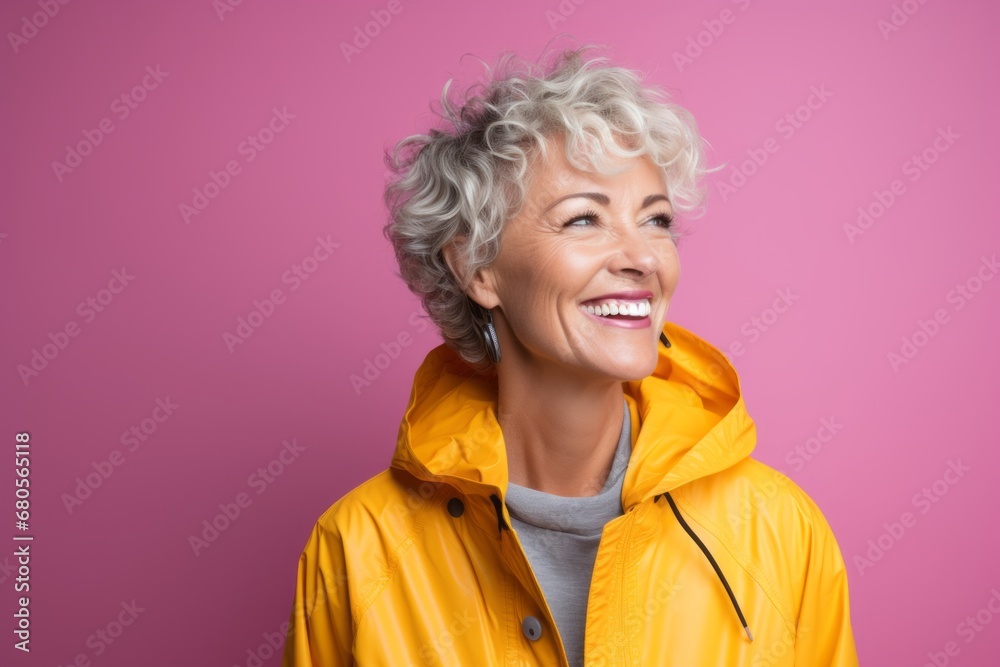 Portrait of a cheerful woman in her 50s wearing a vibrant raincoat against a solid pastel color wall. AI Generation Portrait of a cheerful woman in her 50s wearing a vibrant raincoat against a solid pastel color wall. AI Generation
