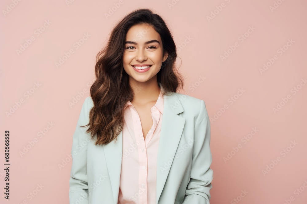 Portrait of a grinning woman in her 20s dressed in a stylish blazer against a solid pastel color wall. AI Generation Portrait of a grinning woman in her 20s dressed in a stylish blazer against a solid pastel color wall. AI Generation
