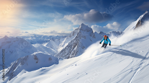 Skier skiing downhill in high mountains.
