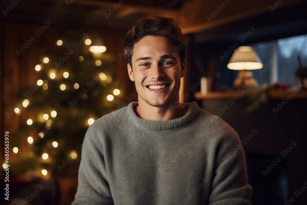 Portrait of a smiling man in his 20s wearing a thermal fleece pullover against a scandinavian-style interior background. AI Generation Portrait of a smiling man in his 20s wearing a thermal fleece pullover against a scandinavian-style interior background. AI Generation