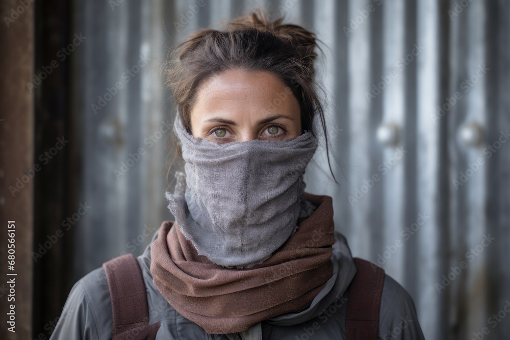 Portrait of a tender woman in her 40s wearing a protective neck gaiter against a bare concrete or plaster wall. AI Generation Portrait of a tender woman in her 40s wearing a protective neck gaiter against a bare concrete or plaster wall. AI Generation