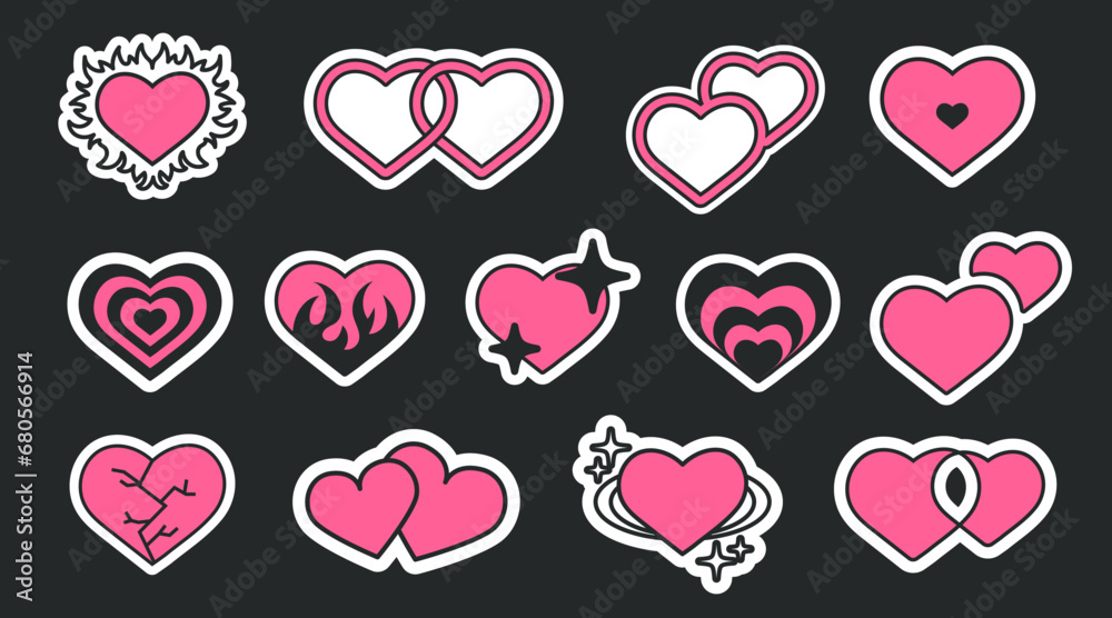 Set of trendy pink and black hearts in retro Y2k style.  Glamour pink stickers pack. Different elements hearts, stars and fire . Vector illustration in trendy emo goth 2000s style.