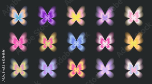Blurry butterflies aesthetic elements. Y2k style blurred gradient shapes. Colorful soft gradients. Modern minimalist design element with blur gradients vector template set.