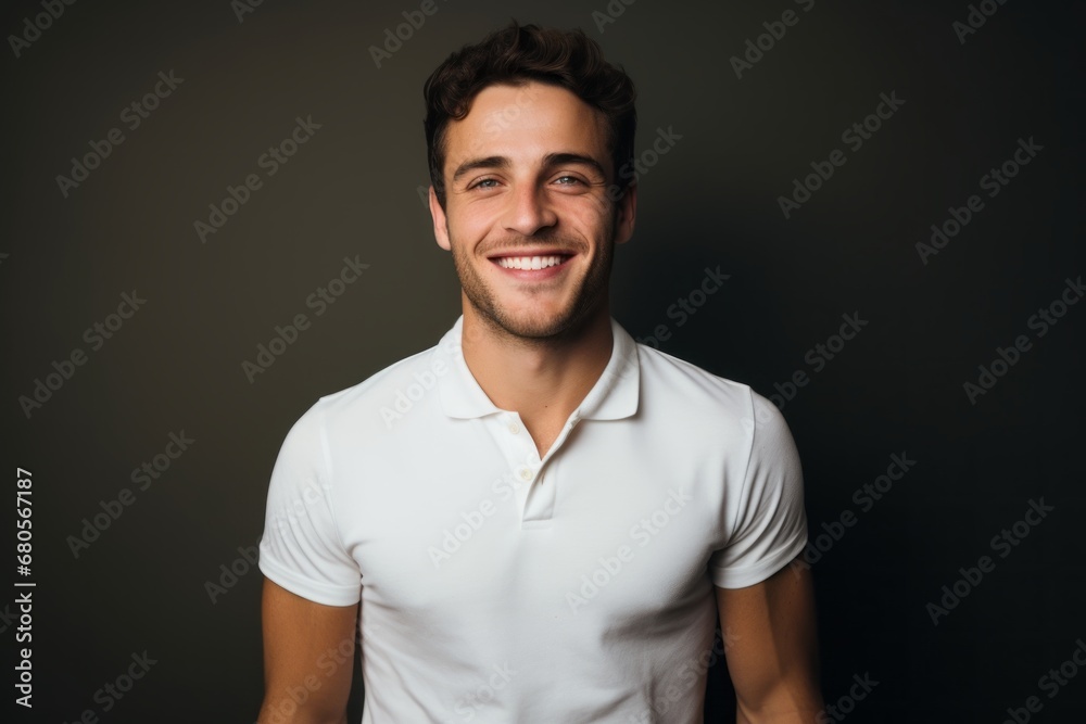 Portrait of a joyful man in his 20s donning a classy polo shirt against a light wood minimalistic setup. AI Generation Portrait of a joyful man in his 20s donning a classy polo shirt against a light wood minimalistic setup. AI Generation