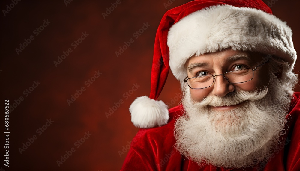 Smiling Santa on a dark background with copy space 