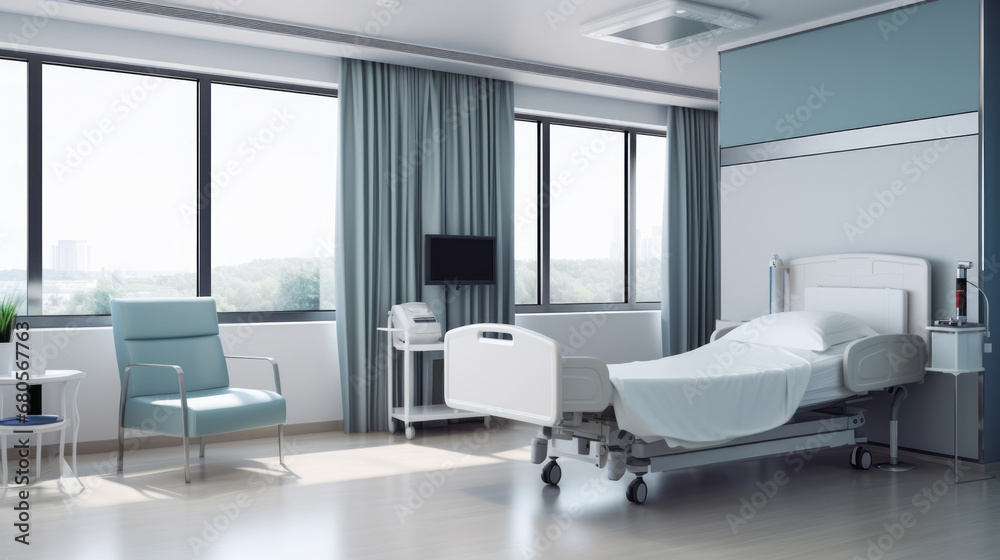 Airy hospital room with expansive city views, sleek furniture, and state-of-the-art medical amenities. Generative AI