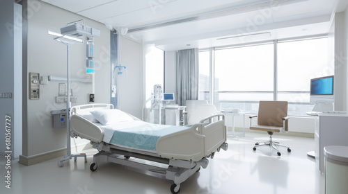 Spacious hospital room with cityscape view  modern amenities  and a calm atmosphere. Healthcare excellence concept. Generative AI
