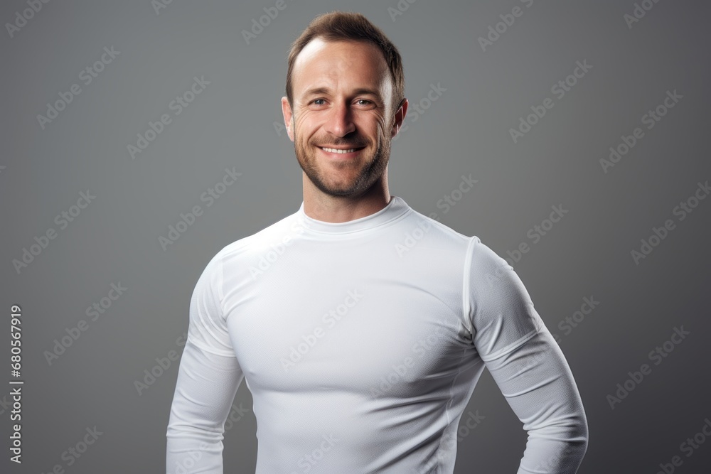 Portrait of a grinning man in his 30s showing off a lightweight base layer against a plain white digital canvas. AI Generation