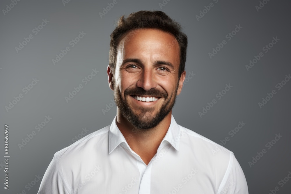 Portrait of a smiling man in his 40s wearing a classic white shirt against a plain white digital canvas. AI Generation Portrait of a smiling man in his 40s wearing a classic white shirt against a plain white digital canvas. AI Generation