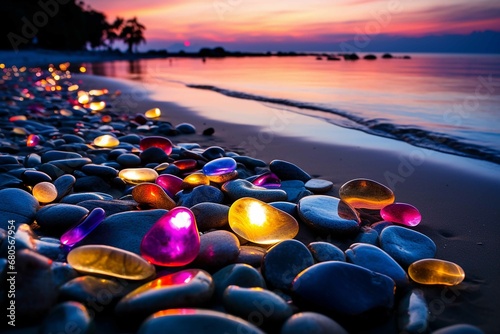 At night, beautiful, colorful, yellow, pink, green, red, white, blue, purple and transparent large pebbles stand on the beach, emitting their own special luste