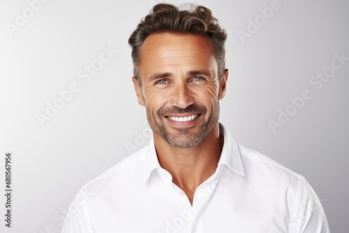 Portrait of a smiling man in his 40s wearing a classic white shirt against a plain white digital canvas. AI Generation