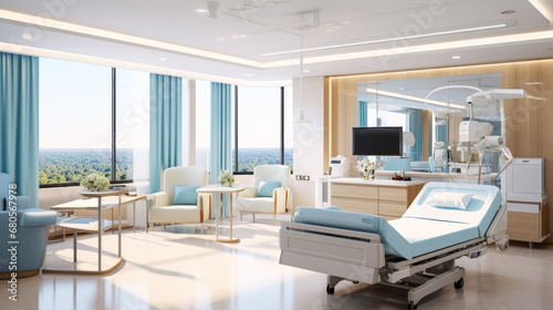 Hospital room with high-rise views  minimalist furnishings  and an inviting atmosphere for recovery. Generative AI