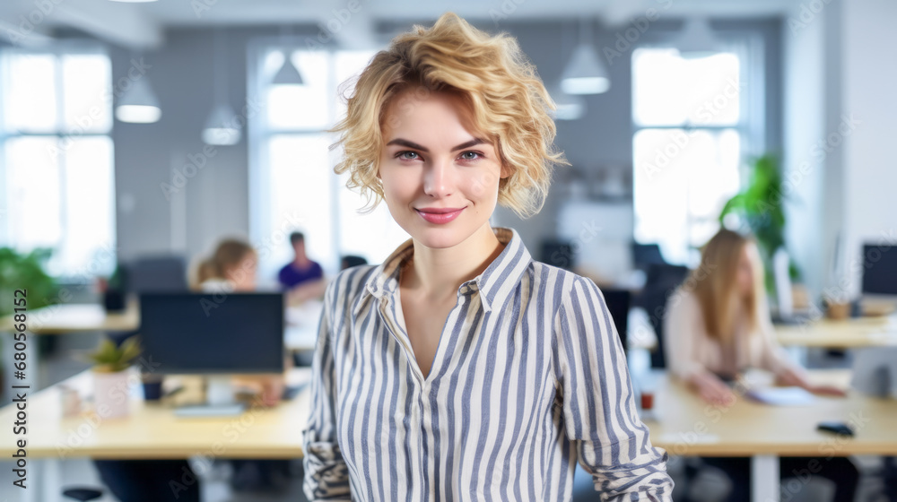 Portrait of woman with stylish hair. Businesswoman looks at the camera and smiles. Copy space Office background. Ai generative. Portrait of woman with stylish hair. Businesswoman looks at the camera and smiles. Copy space Office background. Ai generative.