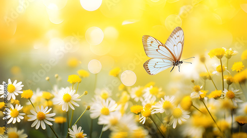 A white butterfly on a flower,Natural summer with grass and a fluttering butterfly ,Abstract wallpaper for desktop,Beautiful landscape images.AI Generative 