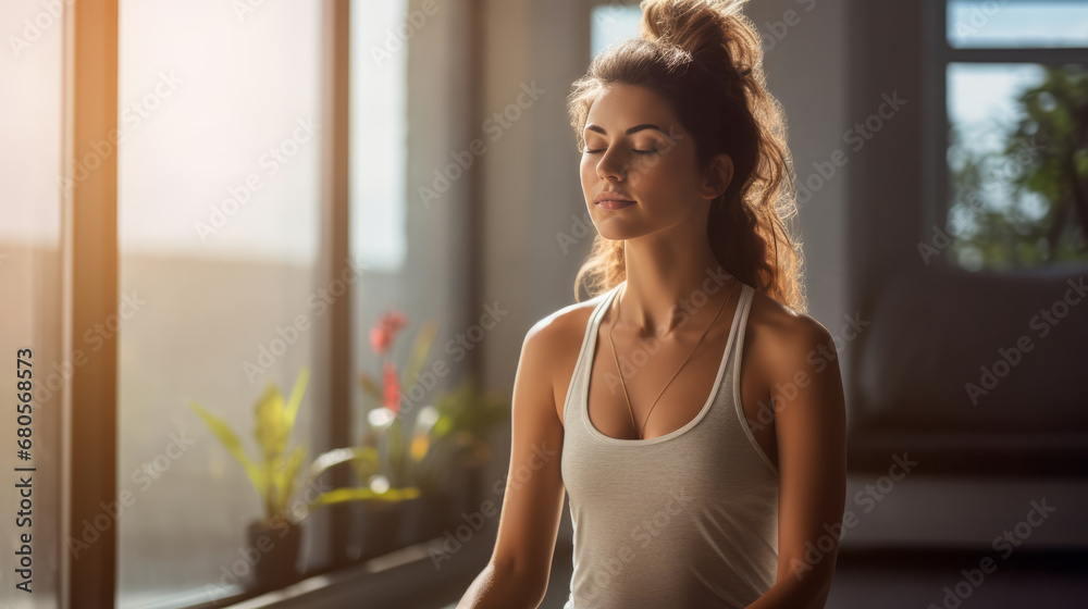 Yoga woman with closed eyes meditates. Relaxation concept. Panoramic window background. Ai generative