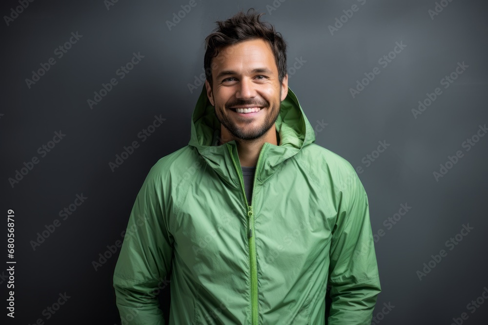 Portrait of a smiling man in his 30s wearing a lightweight packable anorak against a bare monochromatic room. AI Generation Portrait of a smiling man in his 30s wearing a lightweight packable anorak against a bare monochromatic room. AI Generation