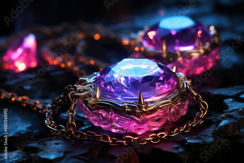 Jewelry with big precious stones on dark background