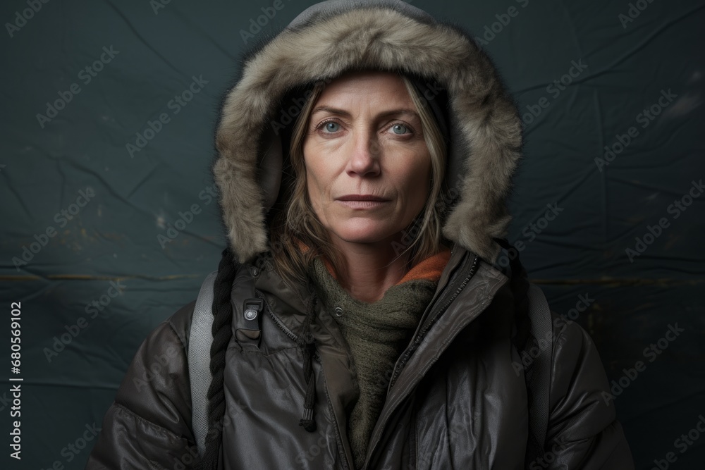 Portrait of a merry woman in her 50s donning a durable down jacket against a bare monochromatic room. AI Generation Portrait of a merry woman in her 50s donning a durable down jacket against a bare monochromatic room. AI Generation