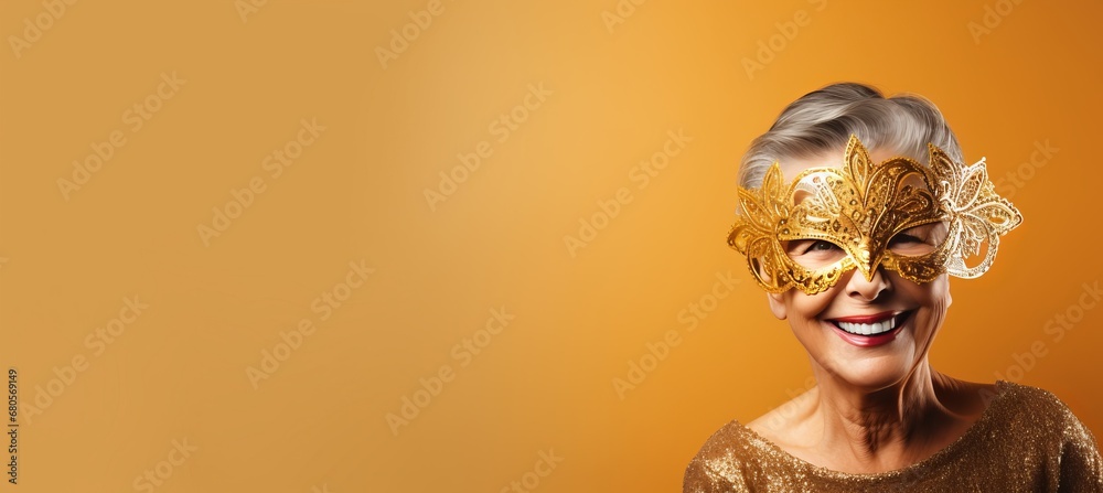 Elderly woman wearing carnival mask on vibrant studio background with copy space for text Elderly woman wearing carnival mask on vibrant studio background with copy space for text