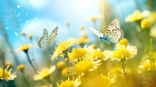A white butterfly on a flower,Natural summer with grass and a fluttering butterfly ,Abstract wallpaper for desktop,Beautiful landscape images.AI Generative   © kin
