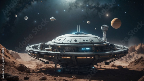 Interstellar ship. Life on other planets, space station. Flying saucer. Starry night sky, rocky landscape.