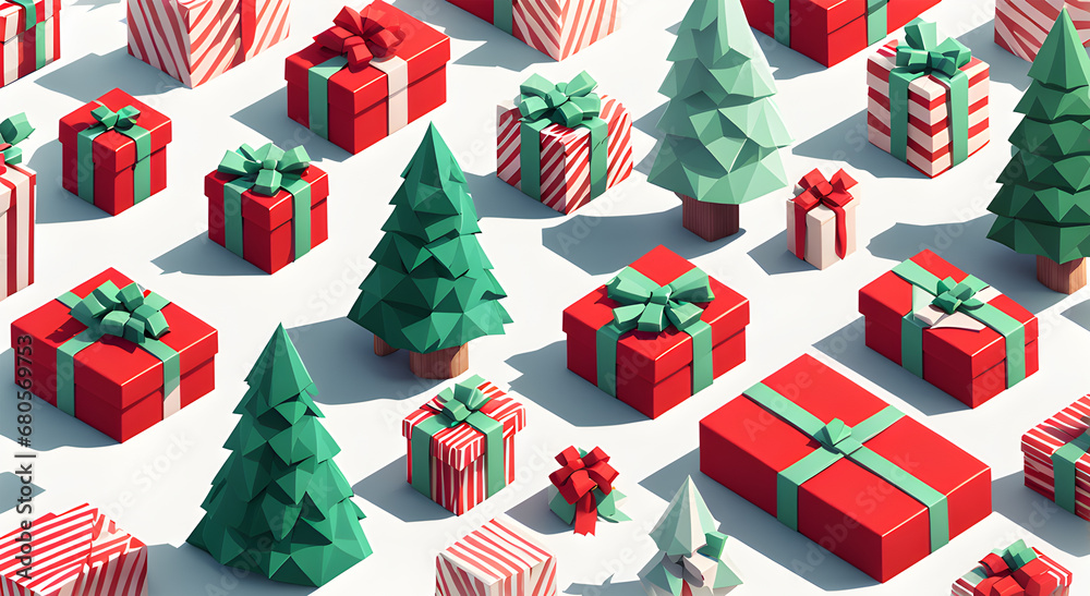 Christmas background with gift boxes and fir trees. isometric 3D illustration.