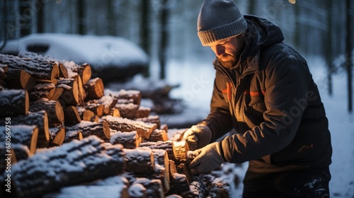 A man in winter clothing is stacking firewood in a snowy forest, the warm glow of sunset reflecting off the snow, highlighting the quiet labor of preparation for colder days.