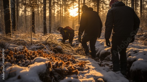 A group of individuals is foraging through a snowy forest, the winter sun casting a warm glow on the frosty surroundings as they inspect the ground. © DigitalArt