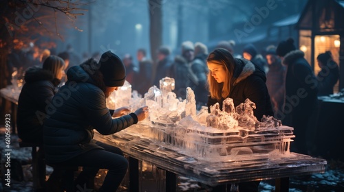 Sculptors and admirers are engrossed in an ice carving display, illuminated by warm lights against a dusk sky at a bustling winter market.